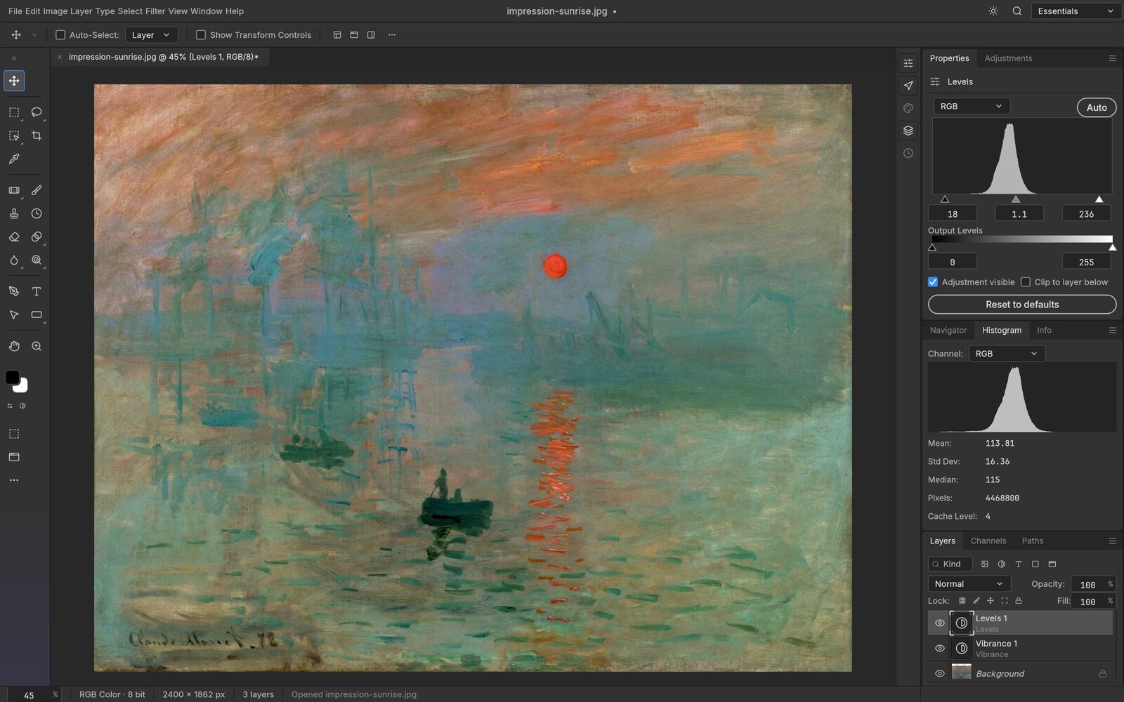 PhotoCraft's Levels and Vibrance adjustment layers on Monet's Impression, Sunrise, with a live Histogram panel