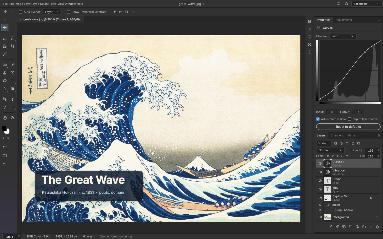 PhotoCraft editing The Great Wave off Kanagawa with live type layers, a drop shadow and Curves and Vibrance adjustment layers open
