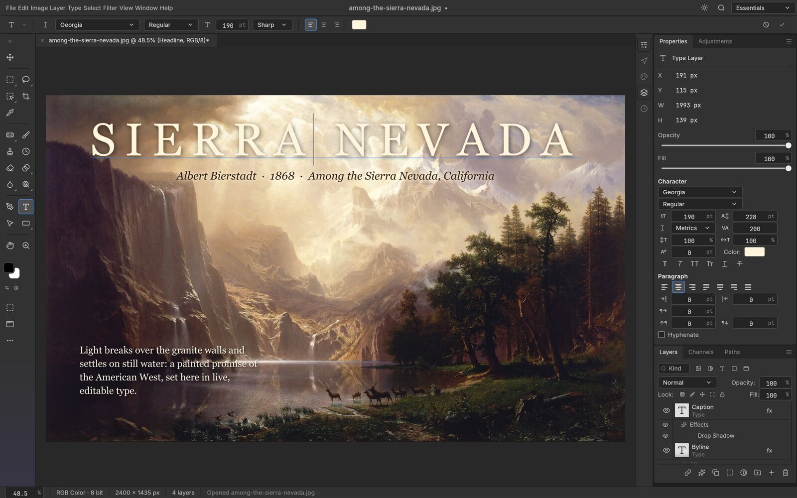 Type edited directly on the PhotoCraft canvas with Character and Paragraph controls open